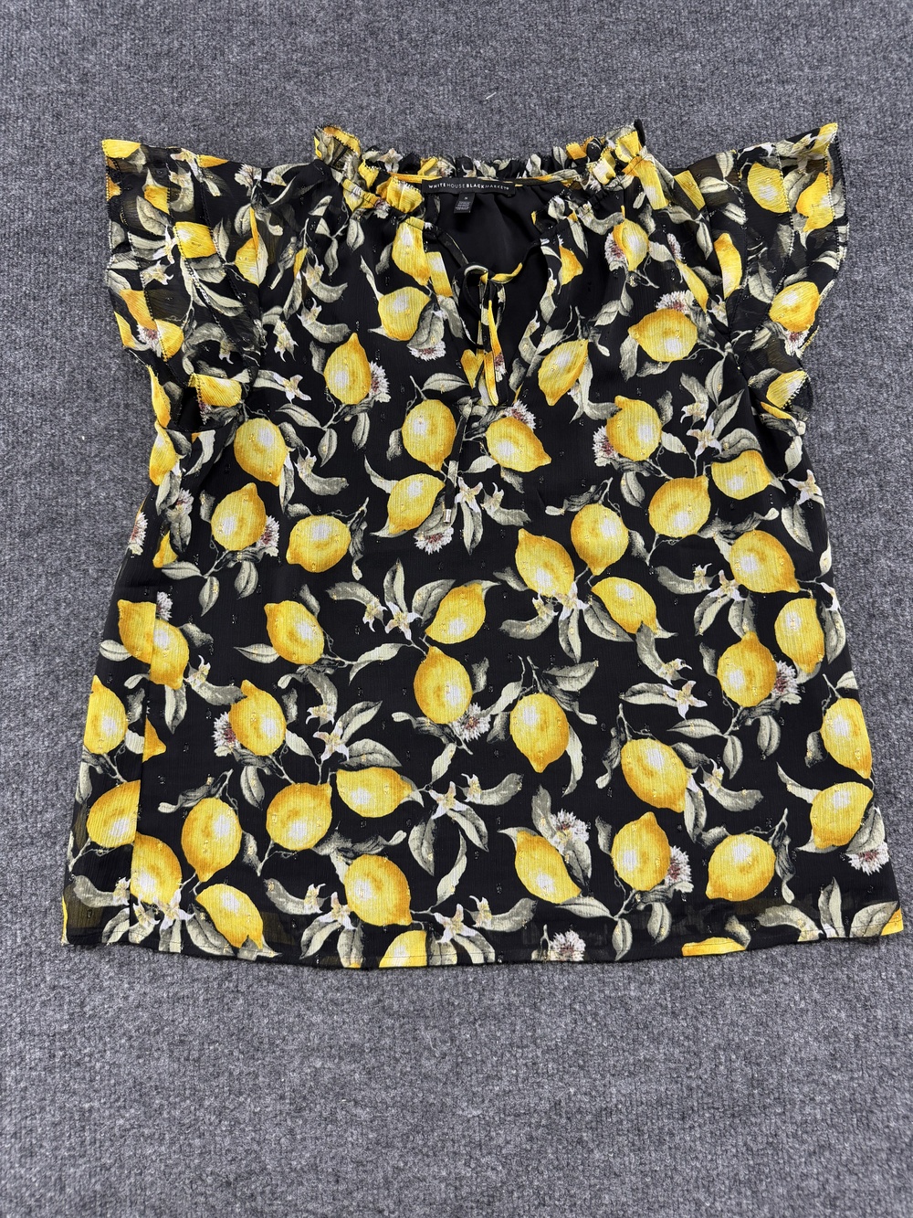 White House Black Market Blouse Womens Small Lemon Print Flutter Sleeve Top